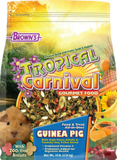 Tropical Carnival Gourmet Guinea Pig Food bag shows alfalfa and timothy hay pellets for daily nutrition.