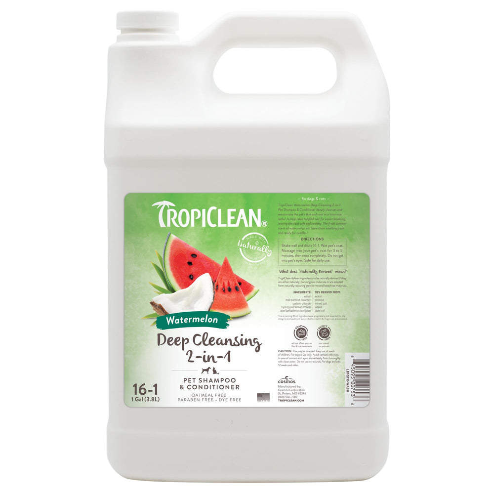 TropiClean 2-in-1 dog shampoo bottle front; easy-lather formula for quicker baths.