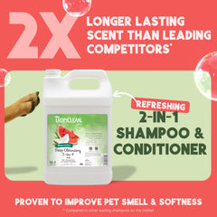 TropiClean 2-in-1 dog shampoo foamy lather close-up showing rich cleansing.