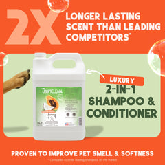 TropiClean 2-in-1 dog shampoo foamy lather demonstrates easy brushing.