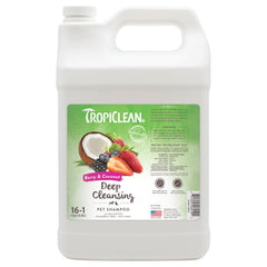 TropiClean deodorizing dog shampoo bottle with long-lasting berry scent for odor control.