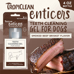 TropiClean Enticers dog teeth gel-dispense pod releasing savory gel during chewing.