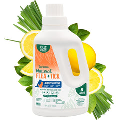 TropiClean Flea and Tick Laundry Additive bottle shows citrus scent for fresh laundry