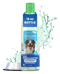 TropiClean Fresh Breath Advanced Whitening bottle pour into water bowl for easy dental care.