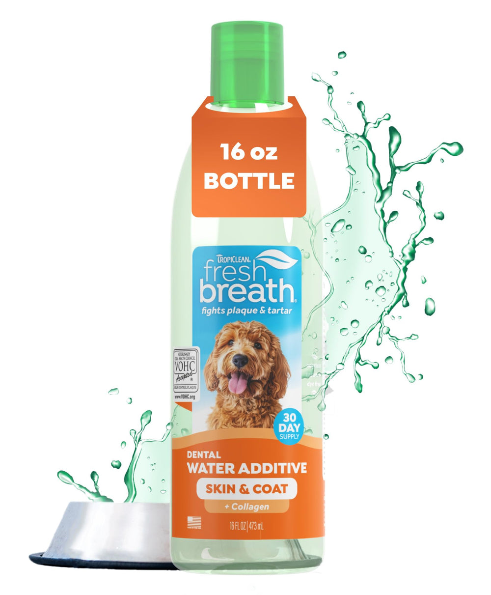 TropiClean Fresh Breath Water Additive bottle pour for easy dosing and lasting fresh breath