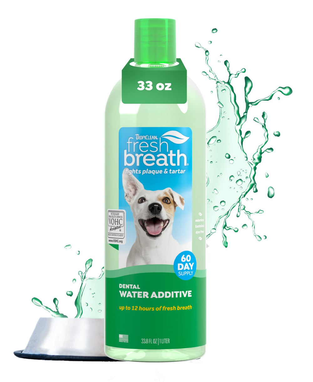 TropiClean Fresh Breath Water Additive bottle for easy at-home dental care.