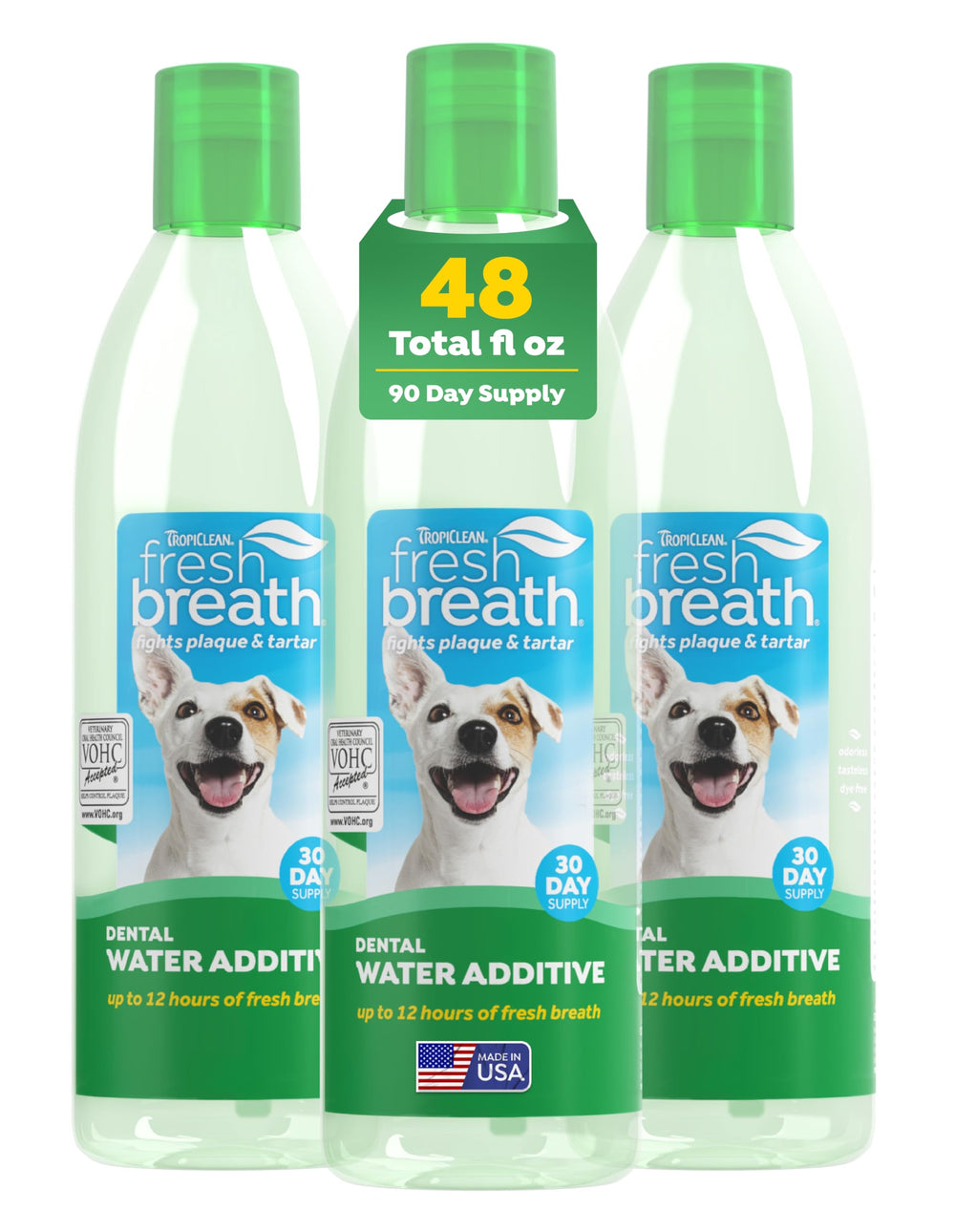 TropiClean Fresh Breath Water Additive bottle-pour demonstrates easy, no-brush breath freshening for dogs.