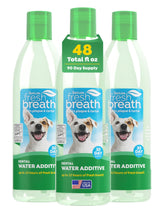 TropiClean Fresh Breath Water Additive bottle-pour demonstrates easy, no-brush breath freshening for dogs.