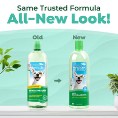 TropiClean Fresh Breath Water Additive measuring cup shows dose option.