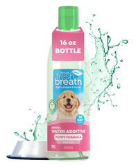TropiClean Fresh Breath Water Additive puppy bottle image: easy, toothpaste-free oral care for dogs.