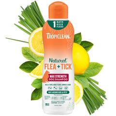 TropiClean Max Strength shampoo dog bath demonstrates pest control during cleansing