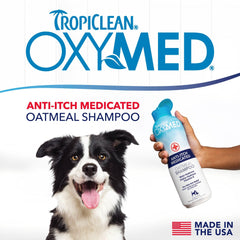 TropiClean Oxymed dog bath time scene highlighting pet-friendly soothing care.