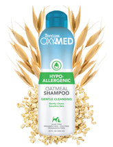 TropiClean OxyMed hypoallergenic dog shampoo bottle promotes gentle cleansing for sensitive skin.