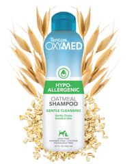 TropiClean OxyMed hypoallergenic dog shampoo bottle promotes gentle cleansing for sensitive skin.