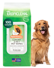 Toallitas TropiClean Papaya y Coco para perros y gatos; limpieza rápida y olor agradable.