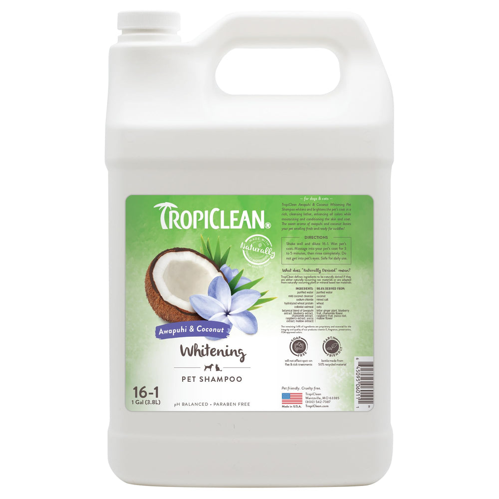 TropiClean Whitening Dog Shampoo bottle highlights coat-brightening formula