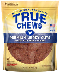 True Chews Premium Jerky Cuts chicken bag open showing tender real-chicken snacks for training rewards.