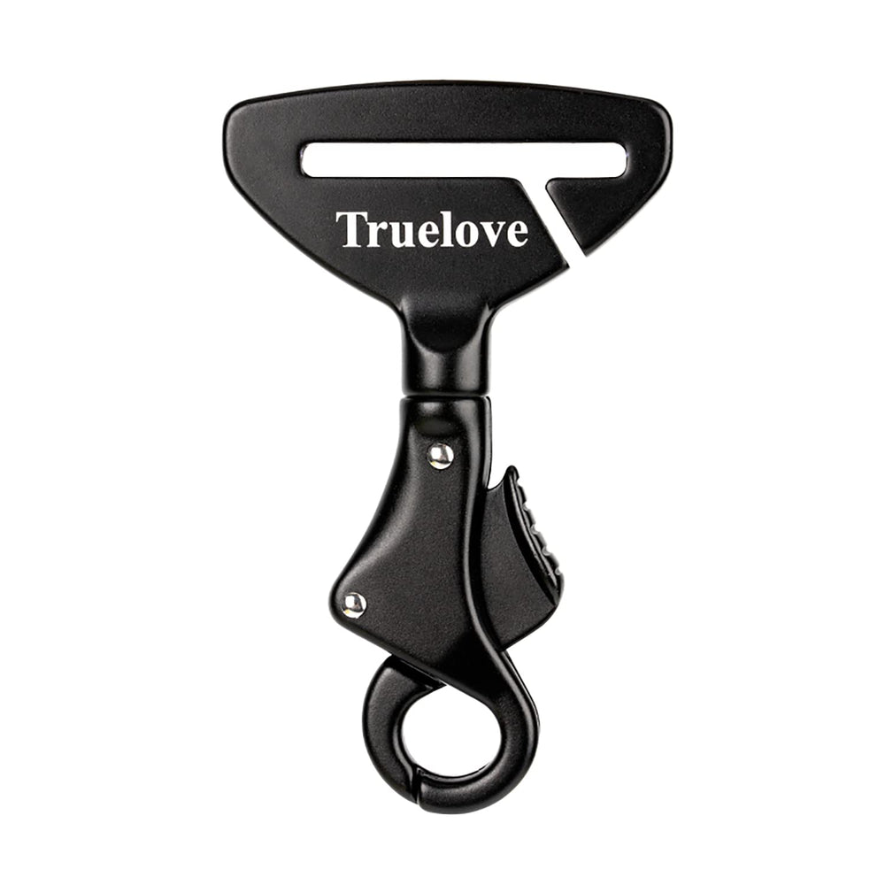 TRUE LOVE buckle close-up shows aviation aluminum build for durability and safety.