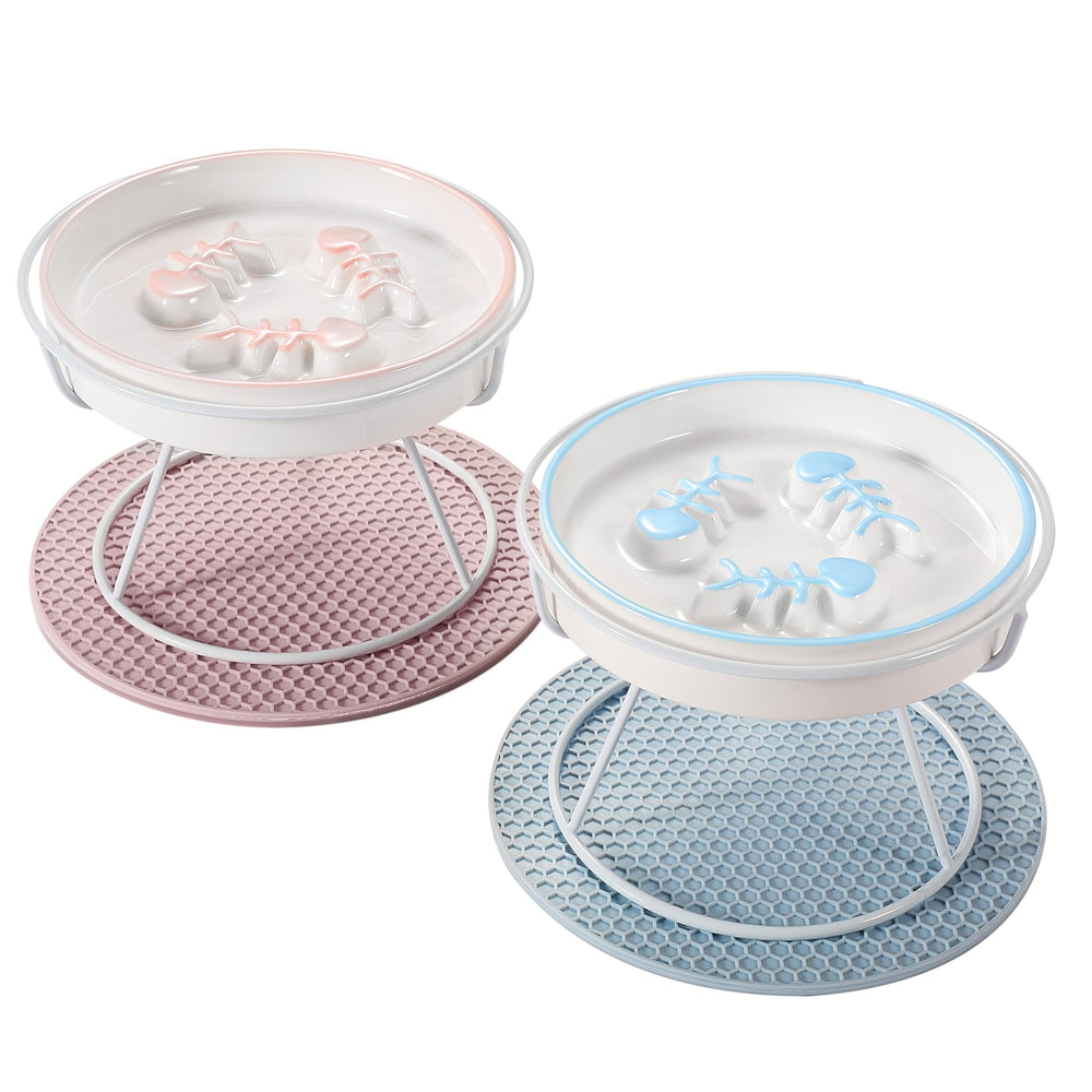 TRUNDISAN ceramic cat slow feeder pair on elevated stand reduces vomiting risk