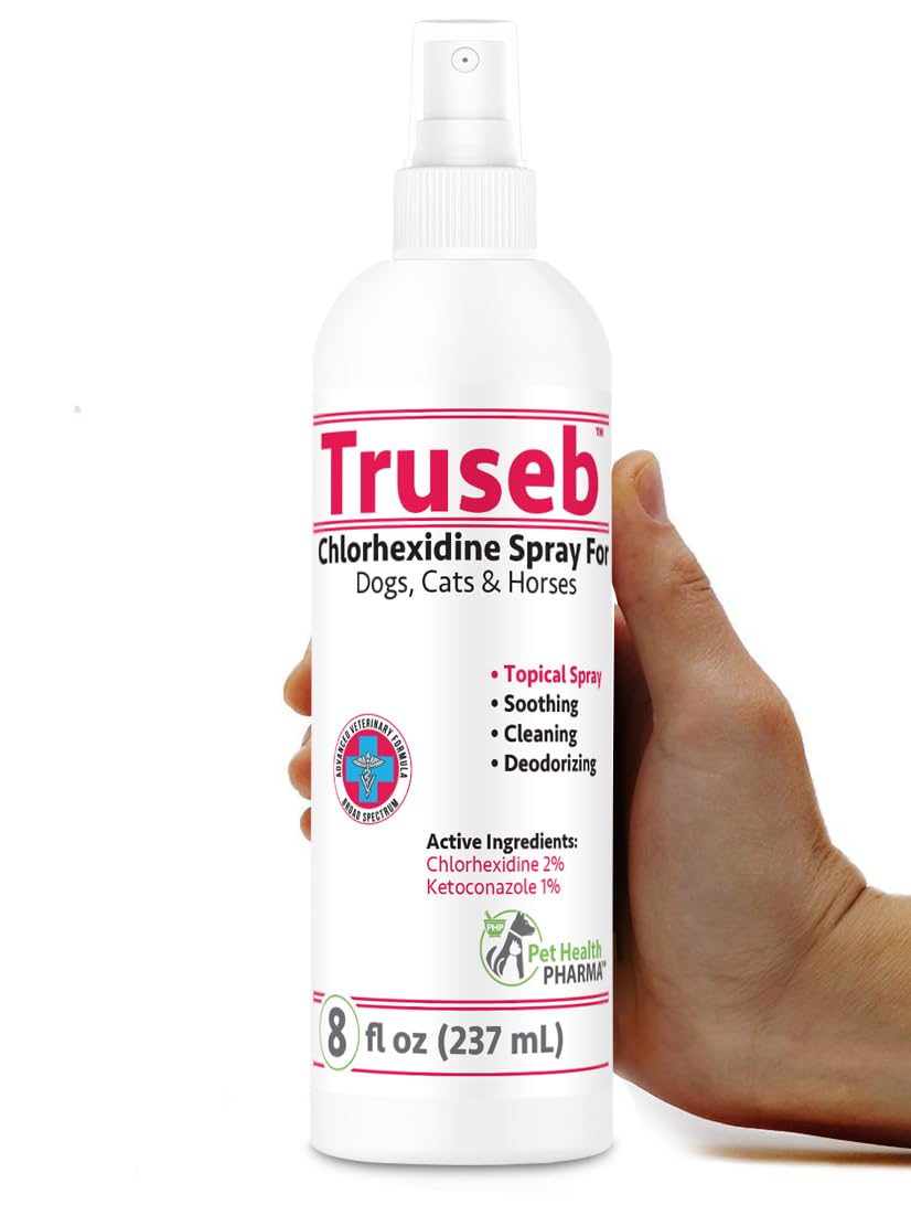 Truseb bottle label close-up highlighting an all-natural skin care formula for pets.