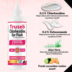 Truseb ear wash being applied to a dog's ear for cleaning