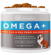 Trustwell PawMedica Omega 3 for Dogs bottle closeup highlighting fish oil for coat health