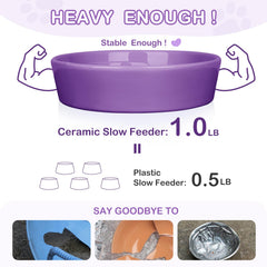 TRUVIC ceramic slow-feeder cat bowl purple side view reveals a compact puzzle design.