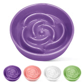 TRUVIC ceramic slow-feeder dog bowl purple side view demonstrates the rose-petal maze for slower meals.