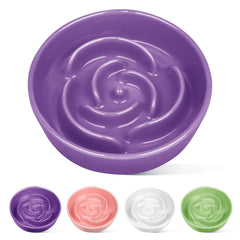 TRUVIC ceramic slow-feeder dog bowl purple side view demonstrates the rose-petal maze for slower meals.