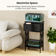 TRZZ dual-tier cabinet stores fish food and nets for organized care.