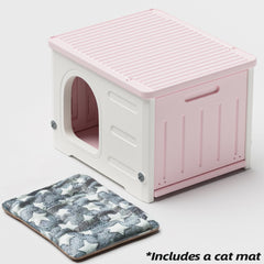 TSEHOOHOO weatherproof cat house with three-sided seal and raised bottom.