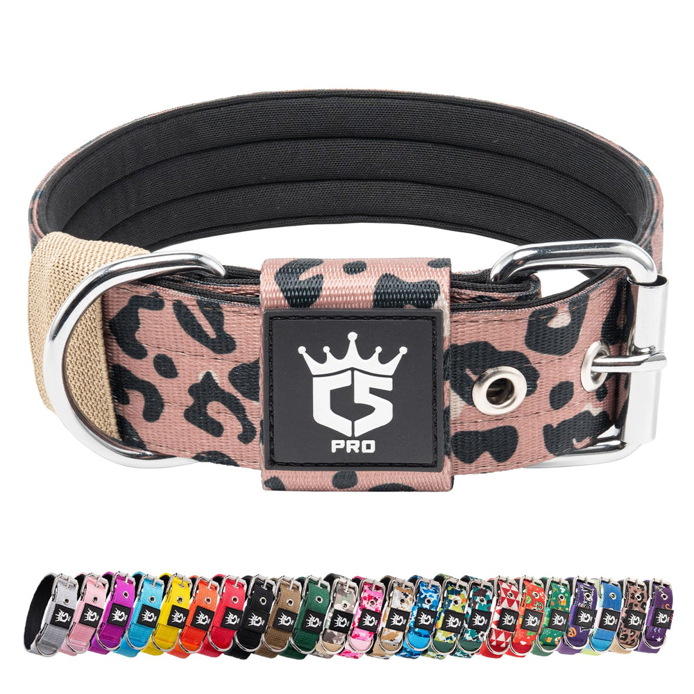 TSPRO leopard-pattern tactical dog collar, rugged and wide for medium to large dogs, durable for daily walks.