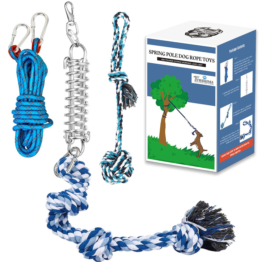 TT TRSMIMA Spring Pole dog toy assembly shows easy outdoor setup for active play.