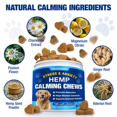 TTGUMMYAMAL organic hemp seed, chamomile, valerian ingredients illustrate natural calming support for pets.
