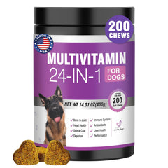 TTLXBL 24-in-1 dog vitamins bottle illustrates skin and joints support.
