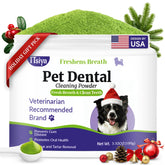 TTsiya dog teeth cleaning powder tin closeup shows convenient at home dental care.