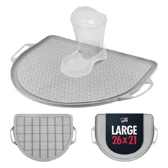 Tuff Pupper 26x21 mat with bowls on floor reduces spills and mess.