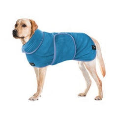 Tuff Pupper fast drying dog robe blue back view accelerates post-bath drying.