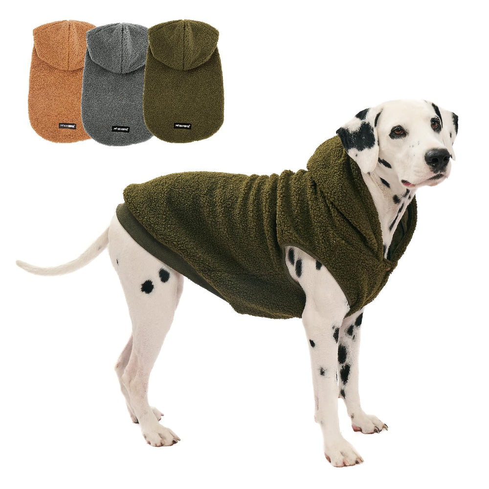 Tuff Pupper fleece dog hoodie olive XL front view shows secure adjustable chest fit.