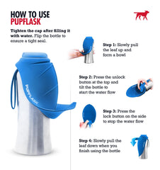 Tuff Pupper PupFlask leaf-shaped bowl over bottle saves space when not in use.