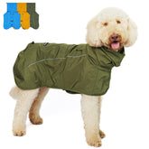 Tuff Pupper olive XXL raincoat on dog showing full-body coverage for rainy walks