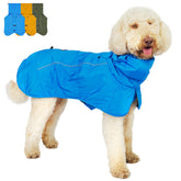 Tuff Pupper raincoat in blue providing full-body protection for rainy walks