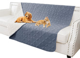 Tuffeel dog blanket in blue and cream protects furniture from fur and spills.