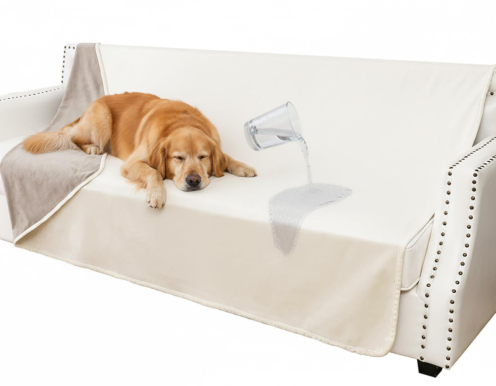 Tuffeel Waterproof Blanket on couch edge shows spill protection and soft texture.