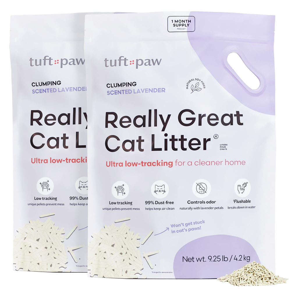 Tuft & Paw Really Great Cat Litter packaging shows a two-bag set for convenient home use.
