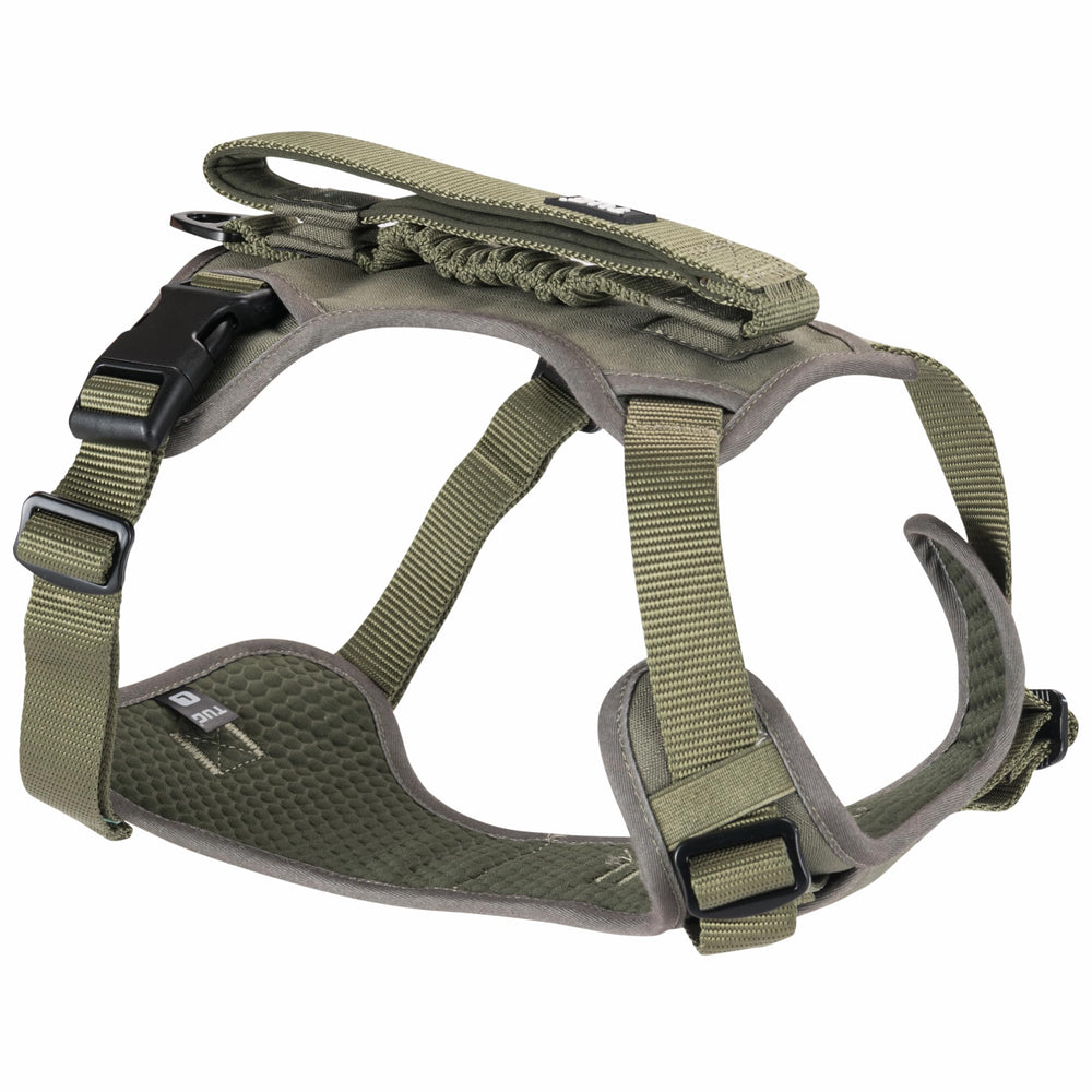 TUG Grab Harness on a calm dog in green demonstrates secure all-day wear and quick control