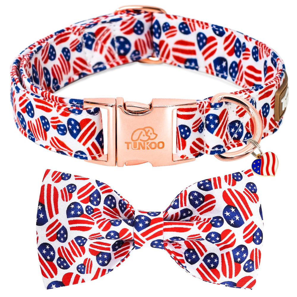 Tunkoo American Flag Dog Collar with Bow Tie displays a heart motif for stylish walks