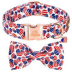 Tunkoo American Flag Dog Collar with Bow Tie displays a heart motif for stylish walks