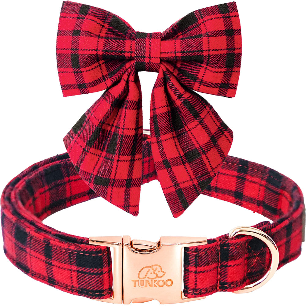 Tunkoo Christmas dog collar with bow tie in red plaid on a dog for festive holiday style.