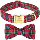 Tunkoo Christmas dog collar with bow-tie red plaid for festive outings.